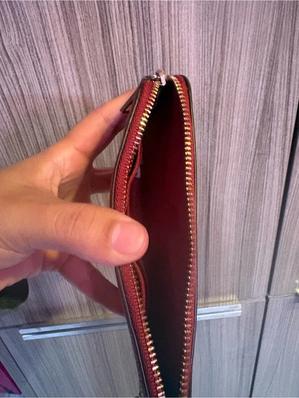 COACH Red Pebbled Leather Zip Card Pouch with Gold Chain